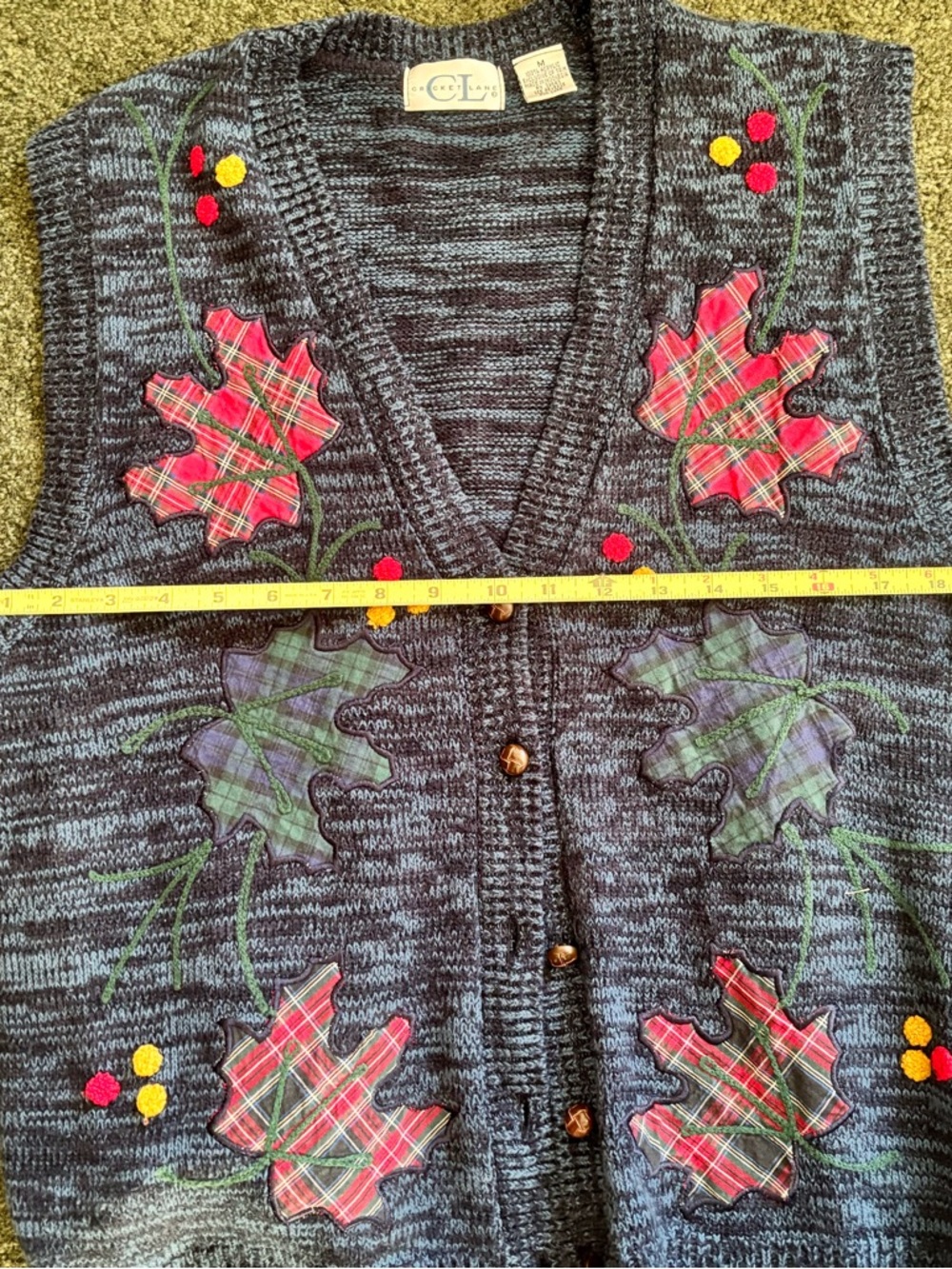 Cricket Lane Sz M Oversized Button-Front Autumn Leaves Knit Vest - Heather Blue - Picture 5 of 8